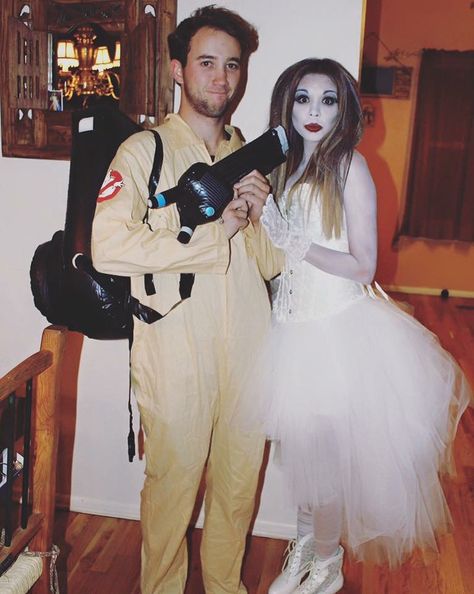 Halloween Couples Costume! Ghostbuster and Ghost  #CouplesCostume #Halloween… Ghostbuster And Ghost Costume, Couples Ghostbusters Costume, Ghostbusters Costume Couple, Ghost Busters Couple Costume, Ghost Costume Couple, Unique Couple Halloween Costumes College, Cute Couple Halloween Costumes For Teens, Ghost Couple Costume, Couples Halloween Costume Scary