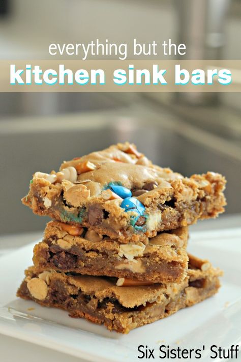 Everything But The Kitchen Sink Bars | Six Sisters' Stuff Kitchen Sink Bars, Kitchen Sink Cookies, Everything But The Kitchen Sink, Basic Cookies, Six Sisters Stuff, Cookies Bars, Six Sisters, Cookie Bar Recipes, Köstliche Desserts