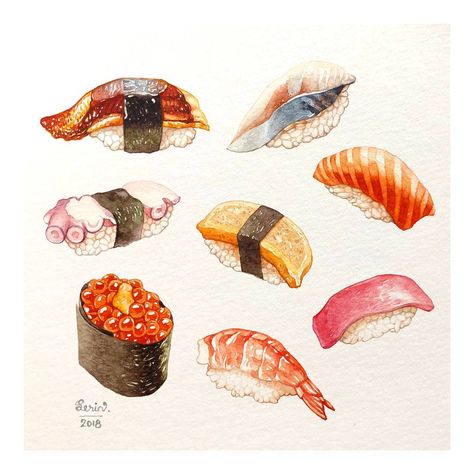 Japanese Food Illustration, Chocolate Sculptures, Sushi Sushi, Nigiri Sushi, Food Sketch, Sushi Art, Watercolor Food, Food Graphic Design, Food Painting