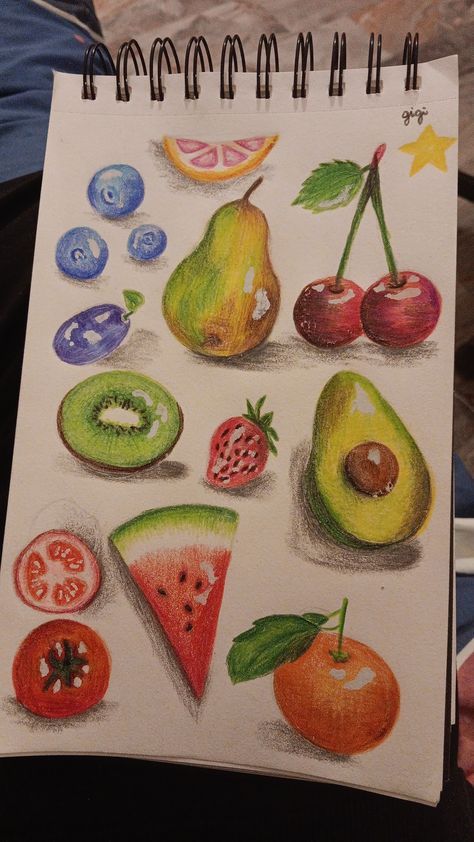 Realistic Drawings Of Food, Fruit Drawing Reference, Coloured Pencil Sketches, Fruit Drawing Pencil Sketches, Drawing Ideas With Colored Pencils, Food To Draw, Drawing Ideas With Color, Drawing Ideas Food, Easy Colored Pencil Drawing