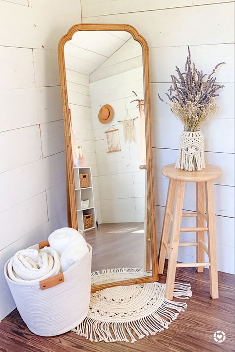 Corner Mirror Bedroom Ideas, Corner Standing Mirror, Living Room Stand Up Mirror, Tall Standing Mirror In Bedroom, Boho Floor Length Mirror, Standing Mirror In Dining Room, Floor Makeup Station Boho, Standing Mirror Aesthetic Room, Boho Wall Mirror Full Length