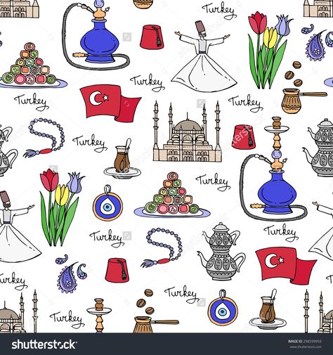 Ramadan Collage, Turkey Culture, Travel Bullet Journal, Turkey Drawing, Turkey Trip, Symbol Drawing, Diy Travel Journal, Turkey Pattern, Around The World In 80 Days