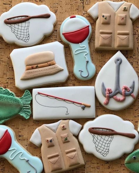 Manly Cookies, Cookie Birthday Party, Fish Cookies, Crazy Cookies, Sugar Cookie Royal Icing, Sugar Cookie Designs, Cookie Stamp, Fancy Cookies, Cookie Frosting