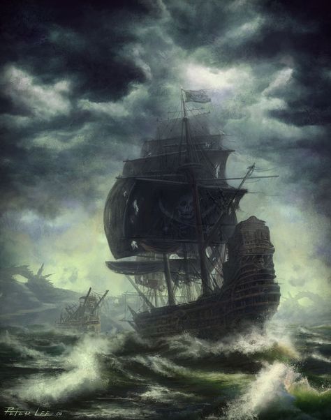 scary looking tall ships | This is a pic of the sea and a haunted ship. Old Ship, Navi A Vela, Pirate Bay, Bateau Pirate, Old Sailing Ships, Monkey Island, Rough Seas, Pirate Art, Ghost Ship