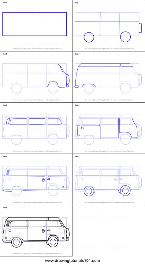 How to Draw a Camper Van Printable Drawing Sheet by DrawingTutorials101.com How To Draw A Vw Bus, Van Drawing Reference, Volts Wagon Van Drawing, Vw Van Drawing, Volkswagen Bus Drawing, Campervan Drawing, Camper Van Drawing, Van Doodle, Van Sketch