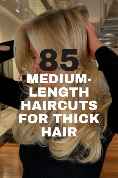 A medium-length layered blonde haircut, styled for thick hair with soft, voluminous layers for a polished look. Growing Out Medium Length Hair, Haircut For Fine Thick Hair, Medium Layered Haircuts Side Part, Womens Hairstyles For Thick Hair, 2023 Women’s Medium Haircuts, Midlength Haircuts With Layers Thick Hair, Medium Length Layered Haircuts For Thick Hair, Thick Medium Length Hairstyles, Haircuts For Thick Medium Length Hair