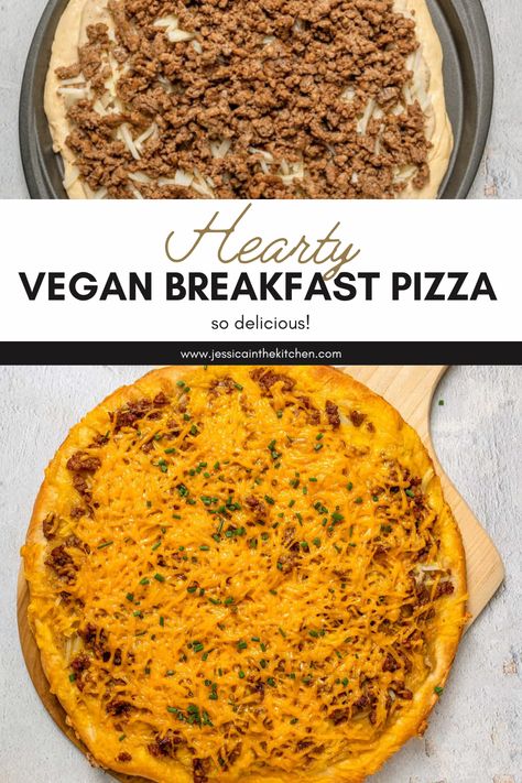 Hearty Vegan Breakfast Pizza is such a great way to start your day. Pizza for breakfast doesn’t have to mean a cold slice of leftovers from last night’s dinner! While leftover pizza for breakfast is a great post-pizza-night tradition, you can do better—like this vegan breakfast pizza! If you miss savoury breakfast foods like eggs, sausage, and cheese since going vegan, you’re going to love this pizza—it has all of those flavours in a single slice, and it’s completely plant-based. Vegan Breakfast Pizza, Breakfast Pizza Sauce, Easy Meal Prep Breakfast, Vegan Grilling Recipes, Jessica In The Kitchen, Pizza For Breakfast, Vegetarian Brunch, Savoury Breakfast, Vegan Casserole