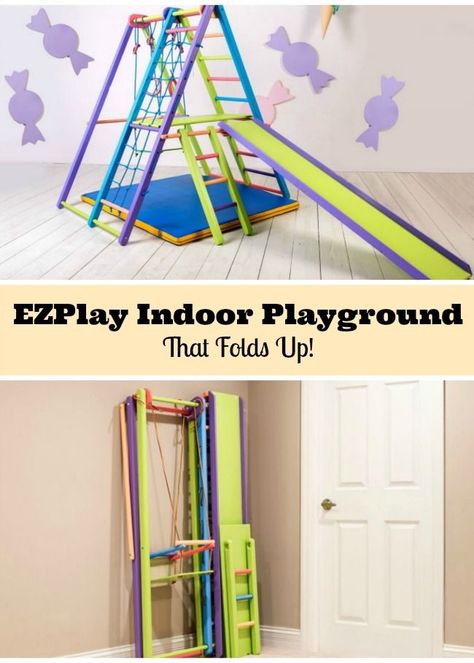 Indoor jungle gym swing set by EZPlay that folds flat.  Great playground active play equipment. #ad #ezplay #kidsactivities Jungle Gym Playroom Ideas, Indoor Play Area For Kids Playroom Ideas, Indoor Playroom Playground, Jungle Gym Playroom, Educational Playroom Ideas, Playroom Design Indoor Playground, Active Playroom Ideas, Cool Playroom Ideas, Active Playroom