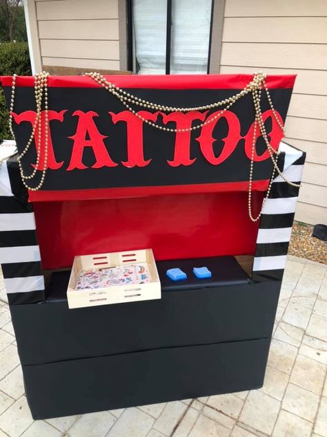 Diy Carnival Tattoo Booth, Tattoo Carnival Booth, Carnival Tattoo Booth, Tattoo Booth For Kids, Fortune Teller Booth Diy, Trick Or Treat Booth Ideas, Game Booth Ideas, Diy Limbo, Tattoo Booth Ideas