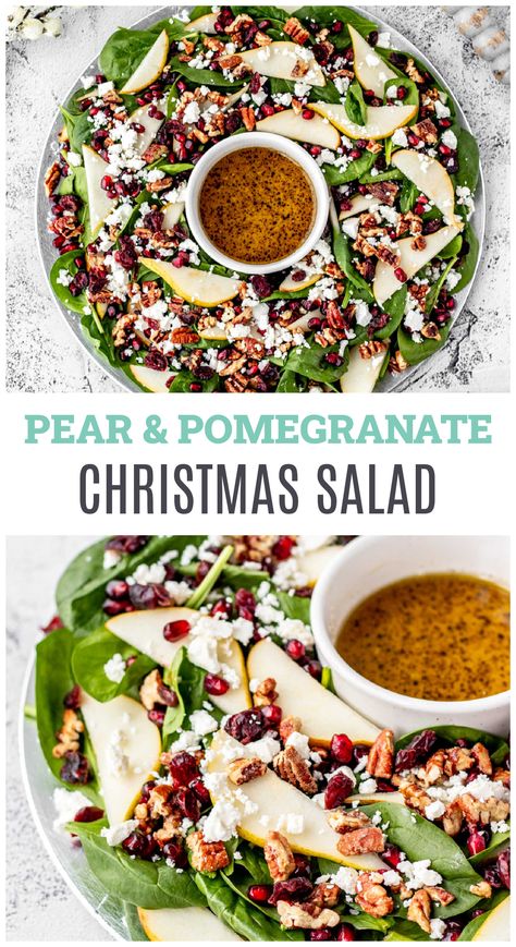 If you're thinking of a scrumptious side dish to serve on the holiday dinner table, then try this recipe for Christmas Wreath Salad! Made delicious and stunning with pears and pomegranates, this salad makes the perfect guest entertainer. Learn how to make your own here - click to continue. Christmas Wreath Salad, Wreath Salad, Salad With Pears, Salad With Pomegranate, Christmas Salad Recipes, Maple Vinaigrette, Christmas Salad, Pomegranate Recipes, Christmas Salads