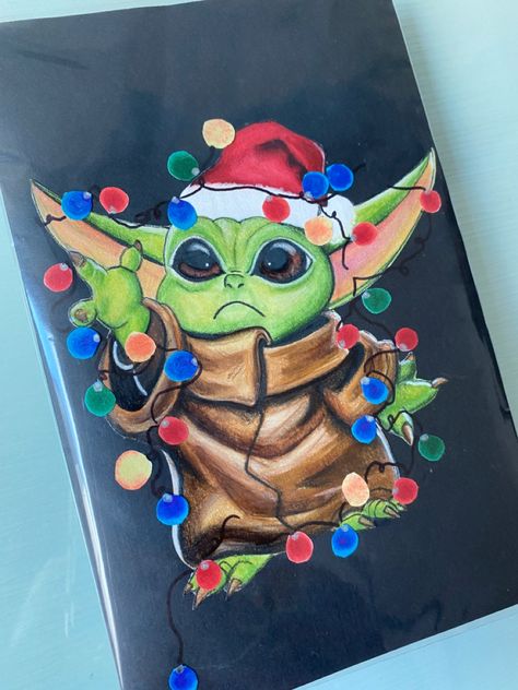 Christmas Baby Yoda, Yoda Card, Baby Yoda Christmas, Yoda Drawing, Yoda Christmas, Christmas Card Handmade, Star Wars Painting, Painting Pencil, Star Wars Christmas