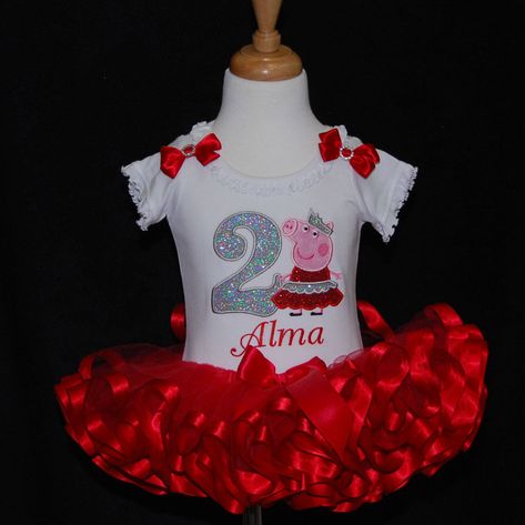 Birthday Dress Glitter, Peppa Pig 2nd Birthday, 2nd Birthday Outfit Girl, Peppa Pig Birthday Outfit, Peppa Pig Outfit, Ribbon Tutu, Glitter Number, Ribbon Trim Tutu, 2nd Birthday Outfit