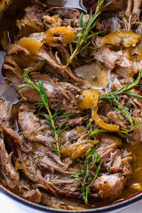 Apple Cider Braised Pork Shoulder! This delicious and comforting apple cider braised pork roast is perfect for fall. The meat is fall apart tender and so incredibly flavor-packed. It melts in your mouth. Braised Pork Roast Dutch Oven, Apple Cider Braised Pork Shoulder, Apple Cider Pork Roast Slow Cooker, Apple Cider Pork Roast, Pork Leg Roast Recipes, Cider Braised Pork Roast, Cider Pork Roast, Pork Shoulder Roast Crock Pot, Braised Pork Roast