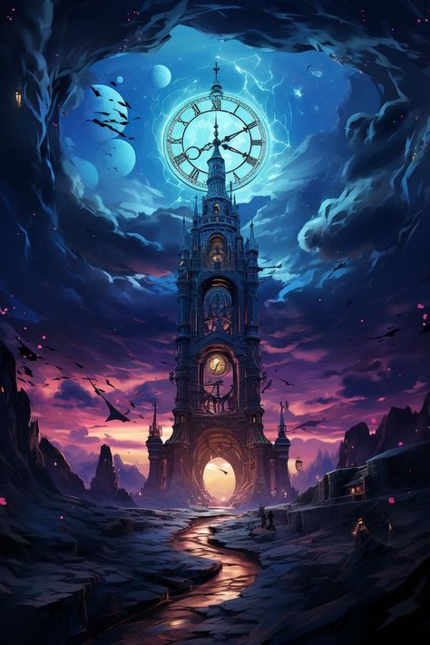 Clock Tower Fantasy Art, Machine World Concept Art, Steampunk Landscape Art, Time Travel Art Fantasy Inspiration, Wizard Tower Aesthetic, Steampunk Astronomy, Fantasy Clock Tower, Timetraveller Aesthetic, Steampunk Aesthetic Wallpaper