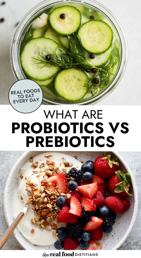 One key difference between prebiotics and probiotics is that probiotics are living organisms, whereas prebiotics are not living organisms. Remember, prebiotics don’t turn into probiotics, but they do help probiotics grow and thrive. Learn more about what are probiotics and prebiotics and how they work for your gut health! Probiotic Diet, What Are Probiotics, Dietitian Recipes, Probiotics And Prebiotics, Prebiotic Foods, Probiotic Benefits, Living Organisms, Healthy Probiotics, Poor Digestion