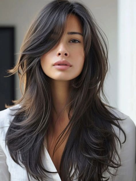 Long Brunette Hair With Layers Side Part, Long Layer Side Part, Side Part And Curtain Bangs, Long Thick Layered Hair With Bangs, Haircut For Long Hair Side Part, Long Layers Side Part Straight, Women’s Long Layered Haircuts, Long Hair Cuts Side Part Layers, Side Bangs With Long Hair Straight