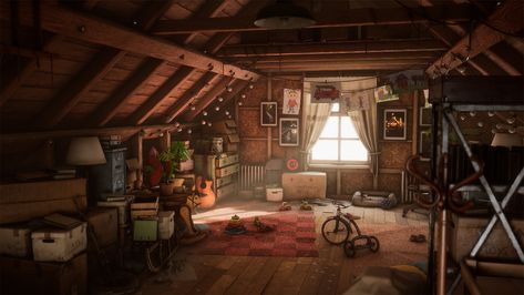 ArtStation - Grandpa's Attic UE4 , Maarten Hof Attic Furniture, Finding Neverland, Books Ideas, House Aesthetic, Light Study, Attic Bedroom, Modelos 3d, Attic Rooms, Visual Aesthetics