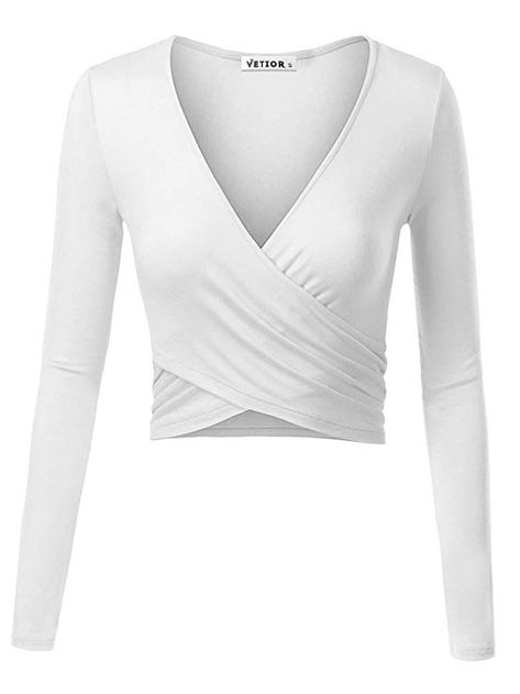 White Wrap Top, Green Clothing, White Knit Top, Slim Fit Crop Top, Long Sleeve Wrap Top, Wrap Crop Tops, White Long Sleeve Top, Wrap Shirt, White Long Sleeve Shirt