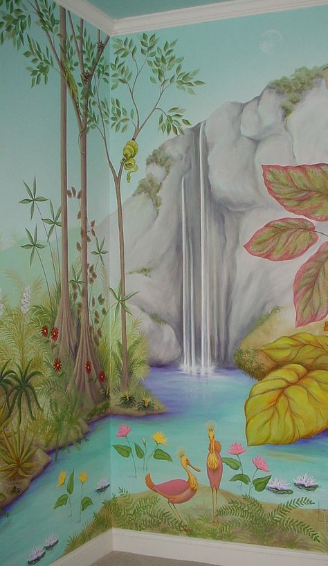 Fantasy Rainforest, Waterfall Mural, Grown Up Bedroom, Waterfall Wall, Diy Canvas Wall Art, Forest Girl, Diy Decor Ideas, Mural Wall Art, School Decorations