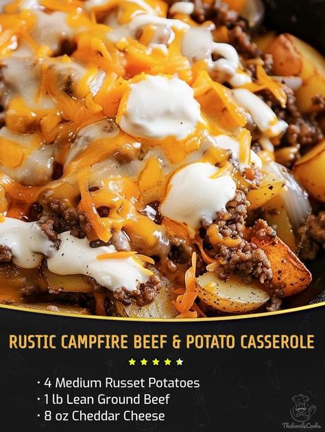 Paolina Baker Beef Potato Casserole, Beef And Potato Casserole, Fall Casserole Recipes, Campfire Potatoes, Fall Casseroles, Dump Meals, Beef And Potatoes, Campfire Cooking, Russet Potatoes