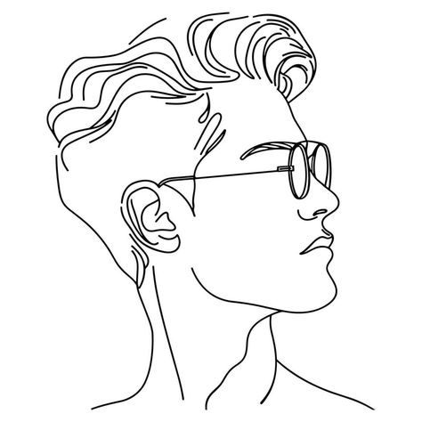 Young man portrait, line art drawing. Abstract beautiful portrait hipster boy in sunglasses is single black line on white background Minimal Face Drawing, Minimal Portrait, Artist Van Gogh, Hipster Boy, Line Art Style, African Dresses Men, Line Art Drawing, Man Portrait, Pattern Design Inspiration