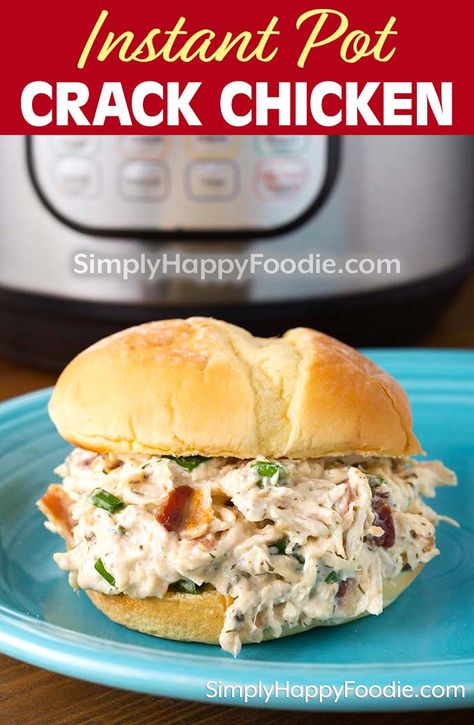 Instant Pot Crack Chicken is a shredded chicken with two kinds of cheese, tasty ranch flavor, and bacon! This is a very popular Instant Pot chicken recipe. My delicious version of this pressure cooker crack chicken recipe is new and improved! Instant Pot chicken recipes by simplyhappyfoodie.com #crackchicken #shreddedchicken #instantpot #pressurecooker Instant Pot Chicken Recipes, Shredded Chicken Recipes, Best Instant Pot Recipe, Instant Pot Recipes Chicken, Instant Pot Dinner Recipes, Easy Instant Pot Recipes, Instapot Recipes, Instant Pot Pressure Cooker, Instant Pot Chicken