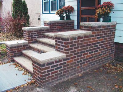 Brick Stairs Outside Entrance, Decorative Concrete Steps, Front Porch Stairs, Entry Steps, Brick Planter, Patio Stairs, Front Porch Steps, Front Door Steps, Porch Stairs