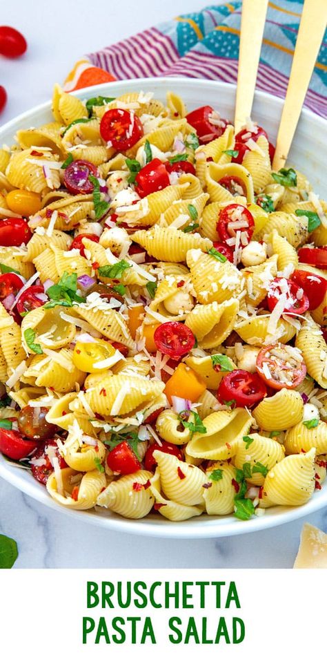 Bruschetta Pasta Salad -- Looking for a quick and easy side dish for all your summer parties? This Bruschetta Pasta Salad transforms the classic flavors of bruschetta—ripe tomatoes, fresh basil, a hint of balsamic, and more—into a delicious pasta dish that’s ideal for any gathering! via @wearenotmartha Bruschetta Pasta Salad, Classic Bruschetta, Bruschetta Pasta, Feta Pasta Salad, Light Pasta, Joy Bauer, Kinds Of Vegetables, Tomato Mozzarella, Delicious Pasta