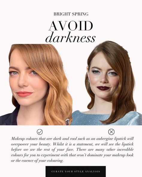 A Bright Spring makeup guide with the lovely Emma Stone 🤍 . #coloranalysis #colouranalysis #springpalette #brightspring #emmastone Makeup For Bright Spring, Bright Spring Makeup Palette, Bright Spring Color Analysis, Bright Spring Makeup Looks, Bright Spring Celebrities, Bright Spring Palette, Bright Spring Makeup, Warm Spring Makeup, True Spring Makeup