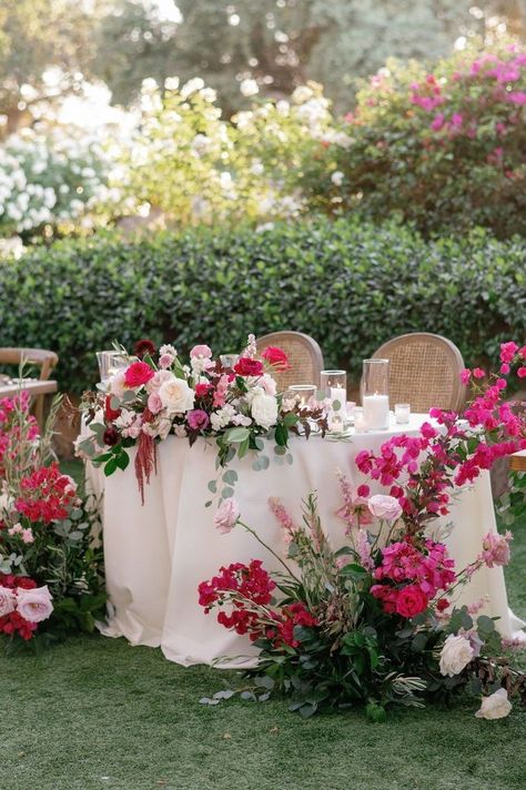 Floral Sweetheart Table, Sweetheart Table Candles, Organic Wedding Decor, Fairytale Garden Wedding, Sweetheart Table Ideas, Talavera Wedding, Fuschia Wedding, Fairytale Garden, Hacienda Wedding