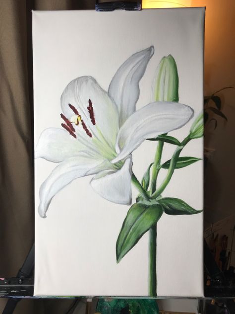 Painting Lillies Acrylic, Lily Painting Acrylic Easy, Lily Painting Acrylic, Mum Painting, Lilly Acrylic Painting, White Lilies Painting, Painting Of Lily Flower, Lily Flower Painting Acrylic, Lilly Painting