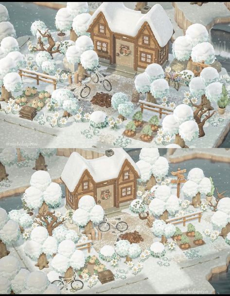 Acnh Happy Home Paradise Winter, Winter Acnh, Acnh Winter, Acnh Hhp, Cottagecore Winter, Cottagecore Animal Crossing, Winter Town, Winter Cottagecore, Dream Address