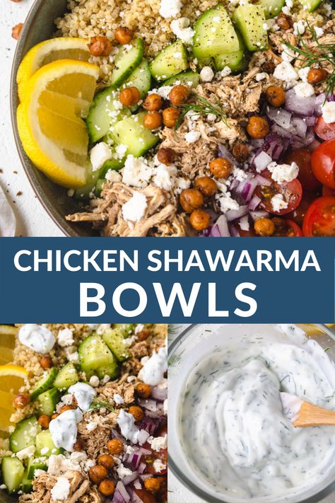 These nourishing chicken shawarma bowls are full of warm Middle Eastern flavors, vibrant vegetables and bold herbs. It can easily be made into meal prep for the week or made for dinner. Swarma Chicken Shawarma Bowl, Schwarma Chicken Bowls, Schwarma Chicken Sides, Chicken Shawarma Bowl Recipe, Shwarma Chicken Bowls, Chicken Swarma Meal Bowl, Chicken Schwarma Recipe, Schwarma Recipe, Chicken Shawarma Bowl