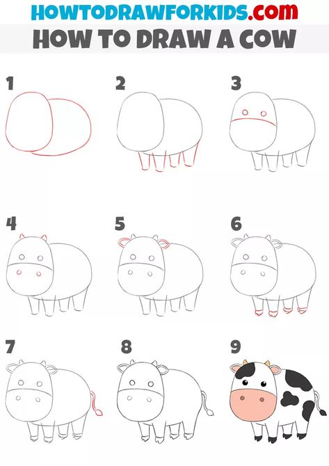 Cow How To Draw, Easy To Draw Farm Animals, How To Make A Cow, How To Draw A Cute Cow, How To Draw A Cow Easy, Easy Farm Animal Drawings, Cow Drawing Easy Step By Step, Draw Cow Easy, Cow Simple Drawing