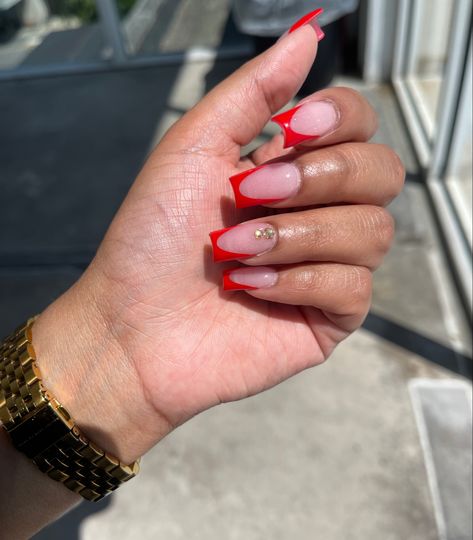 Red french tip Red V Tip Nails, Red Nails Square Short, Short Red French Nails, Red French Tip Toe Nails, Maroon French Tips, Red French Tip Nails Short, Short Red French Tip Nails, French Tip Pedicure, Red French Tip