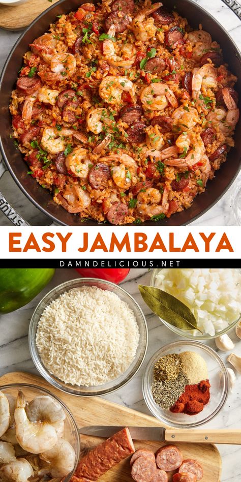 Whip up this one pot jambalaya recipe! It's a simple dinner idea with the easiest cleanup. Along with sausage, shrimp, and veggies, this jambalaya rice is an amazing main dish for dinner! Pin this for later! Not Spicy Jambalaya Recipe, Easy Well Balanced Meals, Shrimp Sausage And Rice, Shrimp And Sausage Jambalaya Recipe, Red Jambalaya Recipe, Shrimp Sausage Recipes, Authentic Jambalaya Recipe, Gluten Free Jambalaya, One Pot Jambalaya Recipe