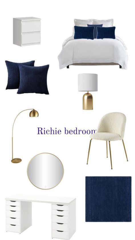 Navy Room Decor, White Gold Bedroom, Comfy Room Ideas, Room Organization Bedroom, White Room Decor, Blue Bedroom Decor, Cute Diy Room Decor, Gold Bedroom, Room Redesign