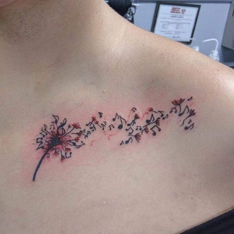 Dandelion Music Note Tattoo, Dandelion Music Tattoo, Floral Music Tattoo, Music And Flower Tattoo, Music Tattoo Designs For Women, Music Note Tattoo Ideas, Love Music Tattoo, Tattoo Silhouette, Liz Phair