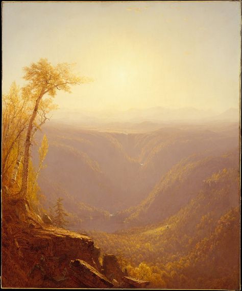 sanford robinson gifford | a gorge in the mountains (kauterskill clove) | 1862 | oil on canvas | 121.9x101.3cm | gifford was the only major hudson river school painter to have actually grown up in the catskills region of new york, made famous by the school’s founder cole | the focus on the atmosphere here results in a shift from the sublime to the meditative | a hunter climbs to a platform overlooking the ravine which is burnished by an indian summer haze | metropolitan museum of art, new york Hudson River School Paintings, Albert Bierstadt, Hudson River School, Hudson River Valley, American Landscape, Paintings Landscape, John William Waterhouse, Edward Hopper, River Art