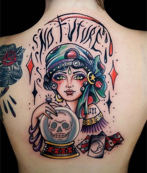 Jon on Instagram: “Fortune teller by @misstaketattoo . . . . . . #oldschoolbacktattoos #oldschool #oldschooltattoos #radtrad #topclasstattooing #oldlines…” American Traditional Fortune Teller Tattoo, Traditional Tattoo Pieces, Fortune Teller Drawing, Fortune Teller Tattoo, Trashy Tattoos, Fortune Tattoo, Pin Up Tattoo, Sailor Jerry Tattoo Flash, Circus Tattoo