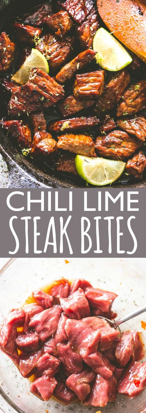 Chili Lime Steak Bites - Cubed Sirloin Steak Bites tossed in a chili lime sauce and seared to a wonderfully tender perfection. Effortless, 15 minute recipe packed with AMAZING flavors! #steak #steakbites #appetizers #lowcarb #glutenfree #newyearsrecipes #partyfood #fingerfood Sirloin Steak Bites, Lime Steak, Beef Bites, Filet Steak, Chili Lime Sauce, Steak Sandwiches, Steak Bites Recipe, Beef Filet, Easy Steak Recipes