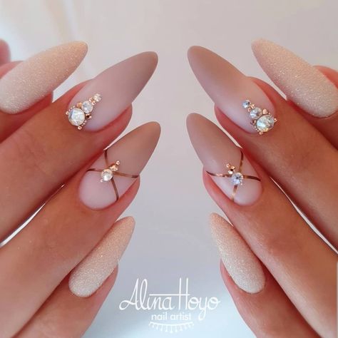 #bridensils  #bridalnails #beigenails #crystalsnails  #goldnails #stripenails #diamonnails  #nails #2019nails Wedding Nails For Bride Long Almond, Almond Shaped Bridal Nails, Bachelorette Bride Nails Almond, Bridal Nails Almond Shape Glitter, Almond Nail Jewels, Champagne Stilleto Nails, Natural Almond Nails, Natural Nail Designs, Almond Nail