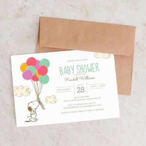 Snoopy and Balloons Baby Shower Invitation Snoopy Baby Shower Ideas, Snoopy Baby Shower, Snoopy Baby, Baby Snoopy, Gender Neutral Baby Shower Invitations, Colorful Balloons, Elephant Baby Shower Invitations, Violet Rose, Pink Balloons