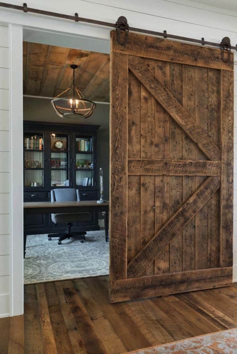 Classic lakeside home in Minnesota features modern farmhouse elements Modern Farmhouse Office, Barnwood Doors, Modern Floating Shelves, Showroom Decor, Farmhouse Office, South Shore Decorating, Rolling Barn Door, Home Office Lighting, Wood Doors Interior