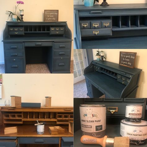 Roll Desk Makeover, Rolltop Desk Repurpose, Roll Top Desk Makeover Ideas, Rolltop Desk Makeover, Roll Top Desk Makeover, Annie Sloan Aubusson Blue, Upcycled Desk, Rolltop Desk, Aubusson Blue