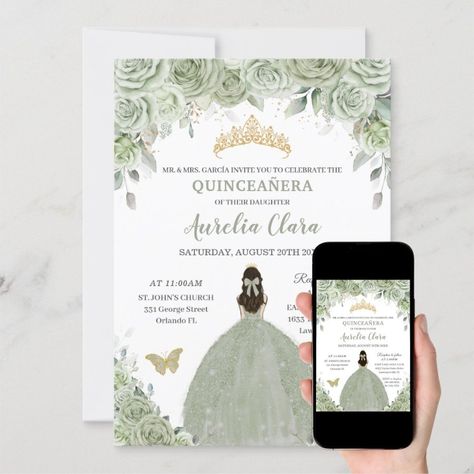 Sage Green Floral Roses Princess Gold QuinceaÃ±era Invitation Zazzle