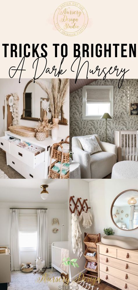 Whether the space is dark due to a low ceiling, small window, or lack of square footage, these tricks will make even the darkest nursery feel brighter. Nursery With No Windows, Low Ceiling Nursery, Vaulted Ceiling Nursery, Nursery Lighting Ceiling, Dark Nursery, Shared Nursery, Nursery Space, Small Nurseries, Tall Windows