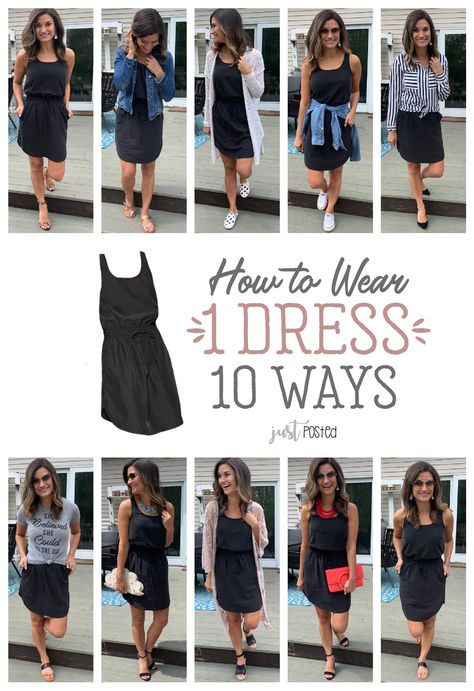 How to Wear and style 1 Black Dress 10 Different Ways - Every wardrobe needs a favorite little black dress and this one is perfect to dress up or down! It is a great item for spring or summer and for a capsule wardrobe. Such an affordable black dress too! How To Wear 1 Dress 10 Ways, 1 Item Multiple Outfits, 1 Dress 10 Ways, One Dress Different Ways, Multiple Ways To Wear Outfits, Black Dress Multiple Ways, Same Dress Different Ways Outfits, Spring Black Dress Outfit, Black Dress Capsule Wardrobe