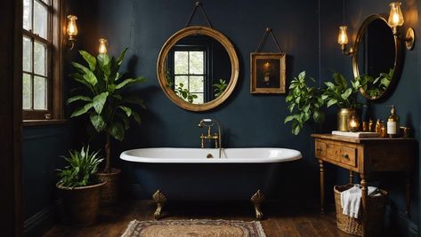 creating moody small bathroom Moody Bathroom Clawfoot Tub, Dark Blue Small Bathroom, Moody Guest Bathroom, Moody Blue Bathroom, Moody Master Bath, Moody Small Bathroom, Small Moody Bathroom, Moody Bathrooms, Blue Small Bathrooms