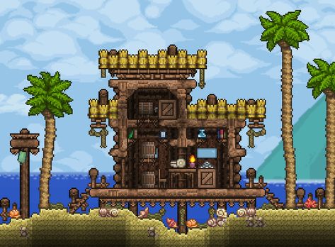 Ocean Terraria House, Dynasty Wood House Terraria, Terraria Ocean Build, Terraria Boss Arena, Beach House Terraria, Terraria Desert House, Terraria Beach House, Terraria Castle, Terraria Game